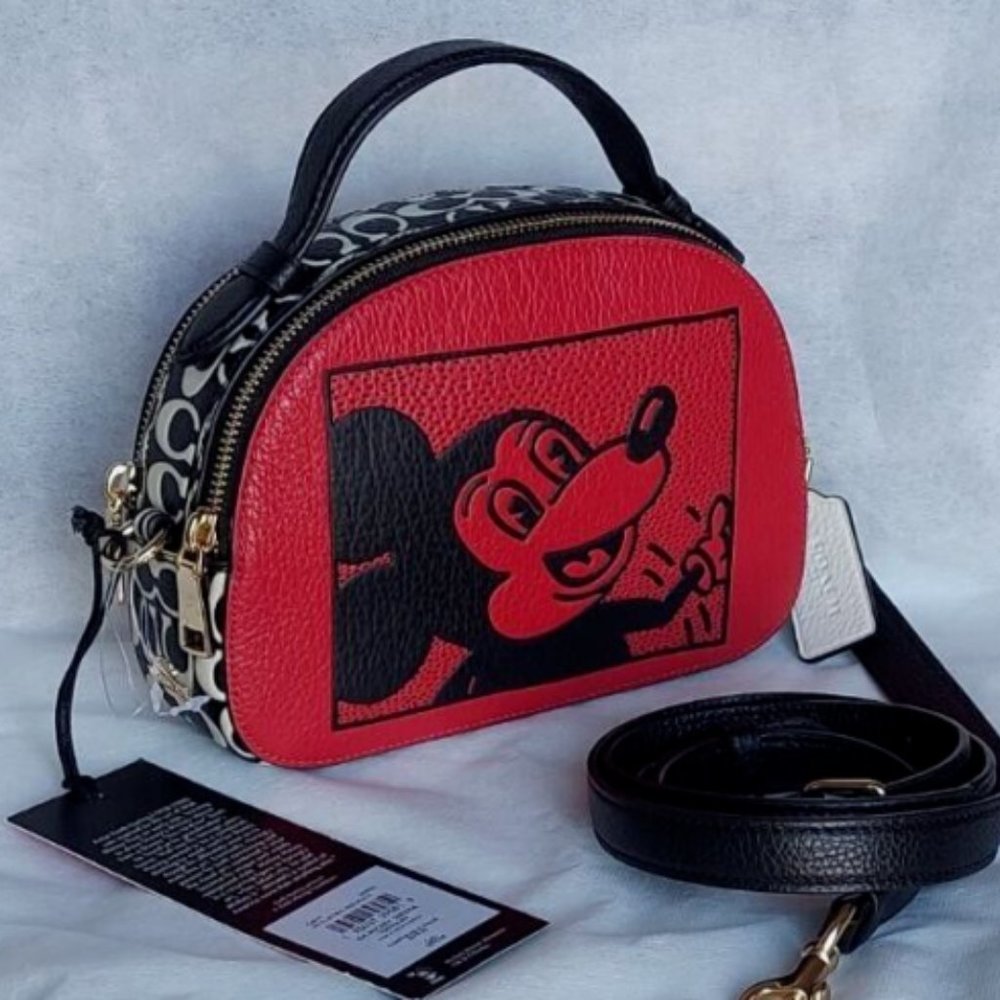 NWT Coach C6977 Mickey Mouse X Keith Haring Serena Pebble Leather Satchel Red